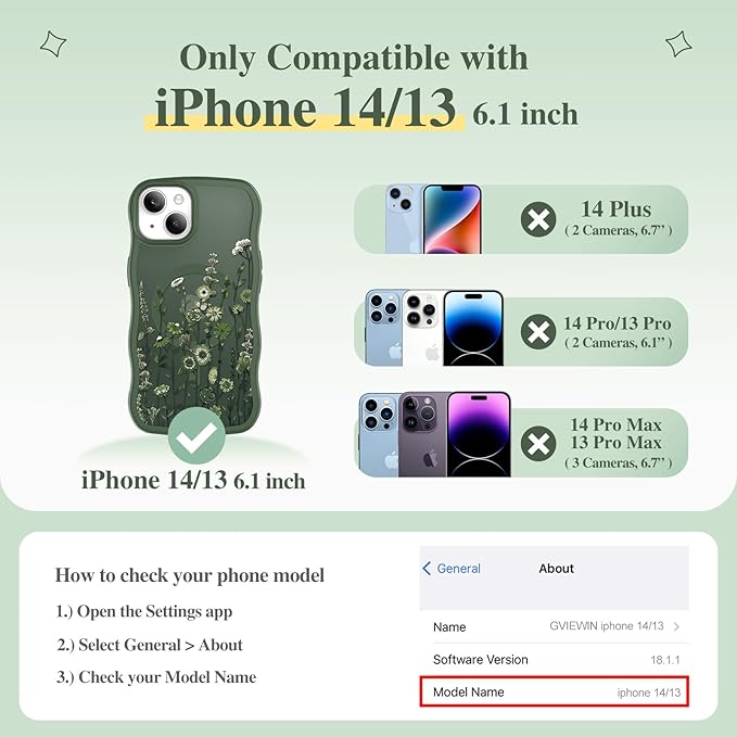 GVIEWIN Cute for iPhone 14 Case & iPhone 13 Case [Compatible with MagSafe][Curly Wave Edge]Floral Translucent Magnetic Shockproof Protective Phone Cover for iPhone 14/13 6.1'', Floratopia/Forest Green