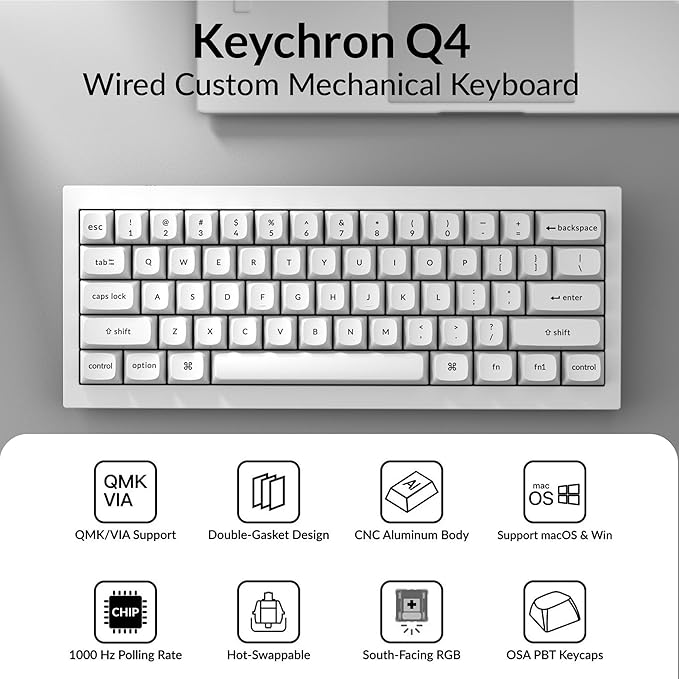 Keychron Q4 Wired Custom Mechanical Keyboard, QMK/VIA Programmable Macro, Full Aluminum, Hot-Swappable Gateron G Pro Brown Switch, 60% Layout Double Gasket Compatible with Mac and Windows - White