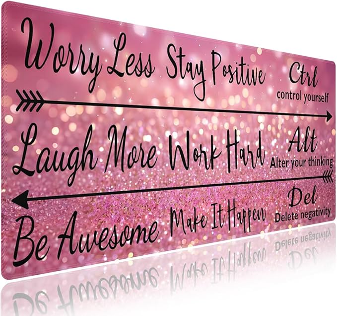 Extra Large Gaming & Office Mouse Pad (31.5" x 11.8") – Inspirational Quote Stay Positive Work Hard & Pink Glitter Design, Premium Anti-Slip XXL Desk Mat with Durable Stitched Edges