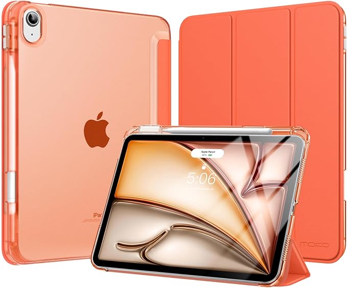 MoKo for iPad Air 11 inch Case (M4/M3/M2) 2026/2025/2024, iPad Air 5th/4th Gen 10.9 inch Case 2022/2020 with Pencil Holder, Slim Light Trifold Cover with Hard PC Translucent Back Shell, Orange