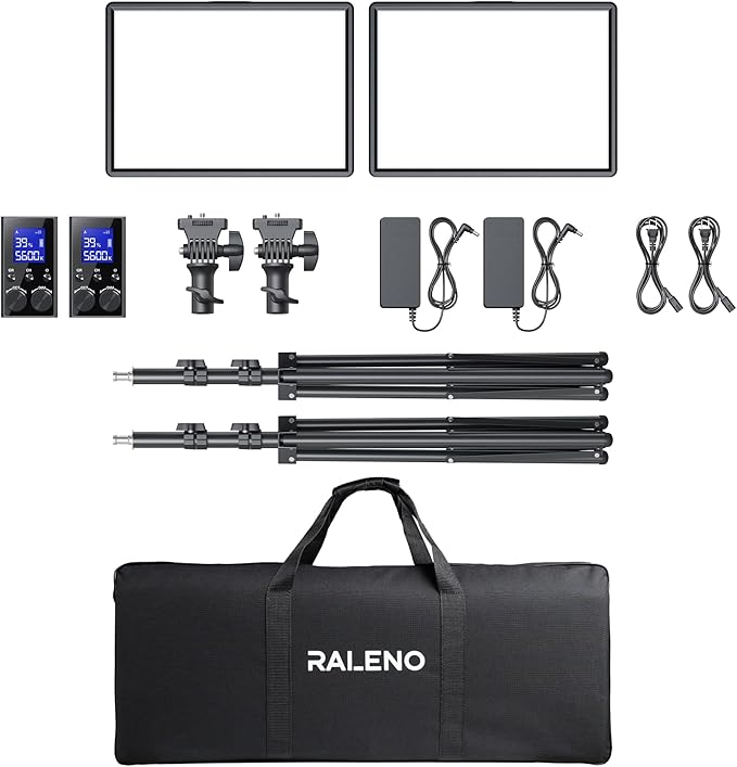 RALENO LED Video Panel Light, 2-Pack 18" 45W Photography Lights with 78'' Stand & Remote for Video Recording TikTok YouTube Streaming, CRI97+ Bi-Color 2500-6500K Studio Lighting