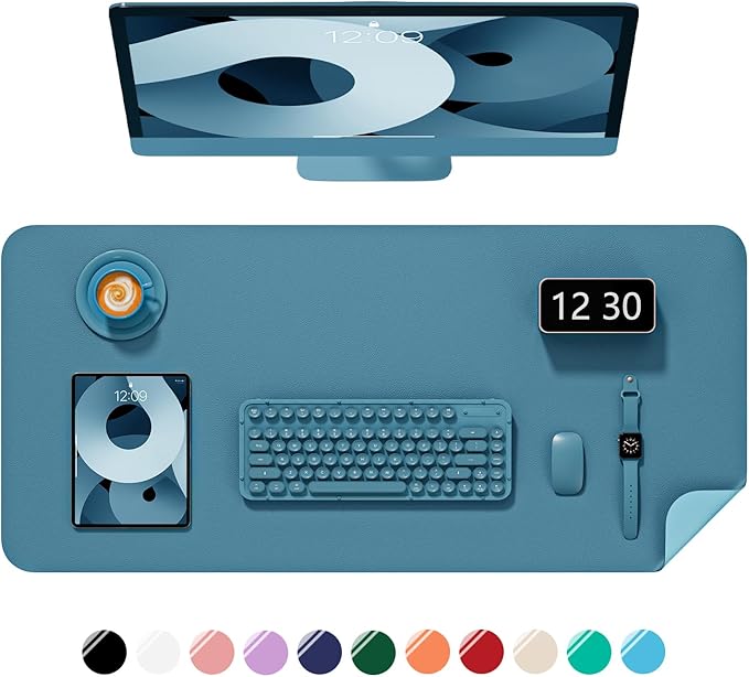 Desk Pad, 30" x 14" PU Leather Non-Slip Desk Mat Large Mouse Pad for Desktop, Waterproof Laptop Computer Writing Mat for Office, Home, Work, Gaming, Dark Blue