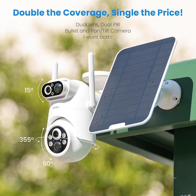 Eseecloud Si-Home Dual Lens Solar Security Camera Wireless Outdoor System,5GHz Wi-Fi, Battery Power, Color Night Vision, Two Way Audio, Easy to Setup,AI Motion Tracking,500GB, 180 Days Exchange Policy