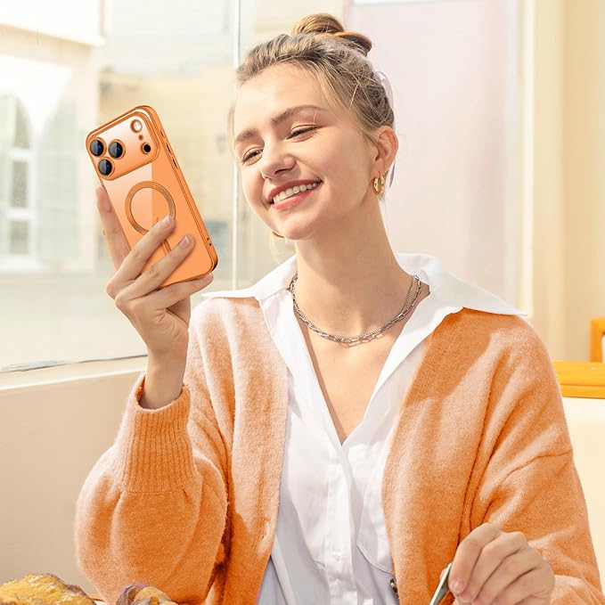 Hython Magnetic Clear for iPhone 17 Pro Case with Camera Lens Protector [Compatible with MagSafe] Luxury Plating Edge Slim Soft TPU Cover Protective Phone Case for iPhone 17 Pro 6.3", Matte Orange