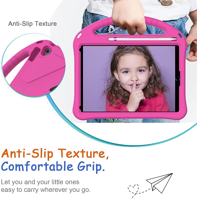 Kids Case for iPad 9th/8th/7th Gen & iPad Air 3rd Gen 10.5" & iPad Pro 10.5 Case, Techcircle Shockproof EVA Foam Rugged Handle Stand Anti-Slip Grip Lightweight Protective Case w/Pencil Holder, Rose