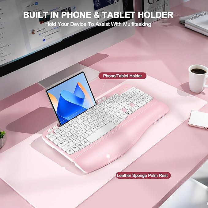 Ergonomic Wireless Keyboard with Cushioned Wrist Rest, Wave Keys, Phone Holder, Comfortable Natural Typing, 2.4GHz Full Size Cordless USB Computer Keyboard for Windows, Mac OS, Laptop, PC (Pink)