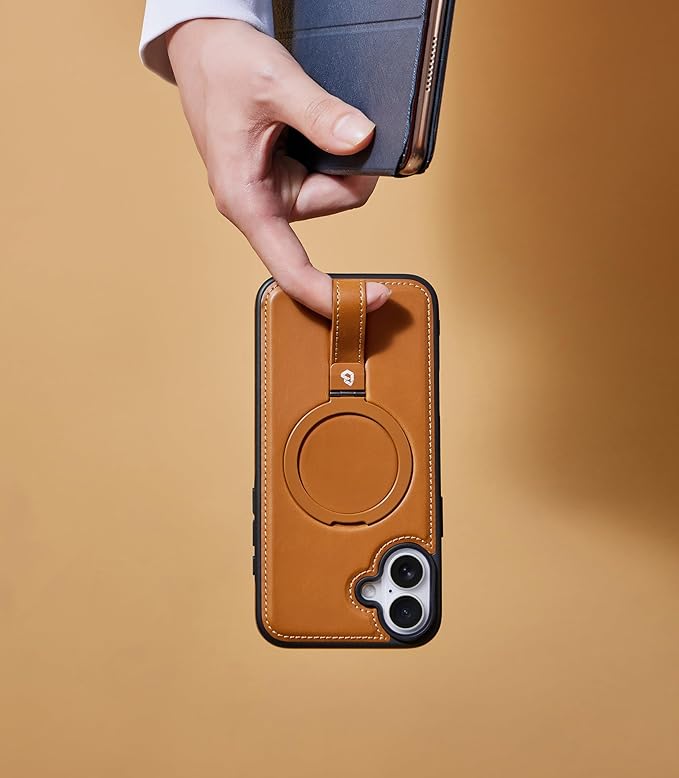Butaiga for iPhone 17 Leather Case with Stand, Anti-Slip Grip Ring, Fits for MagSafe (Brown, iPhone 17)