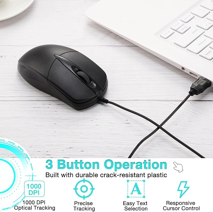 Kathfly 50 Pcs Black Wired USB Computer Mouse Bulk 1000 DPI 3 Button Corded Mouse with Home Office Noiseless Simple USB for Computer Laptop Desktop PC