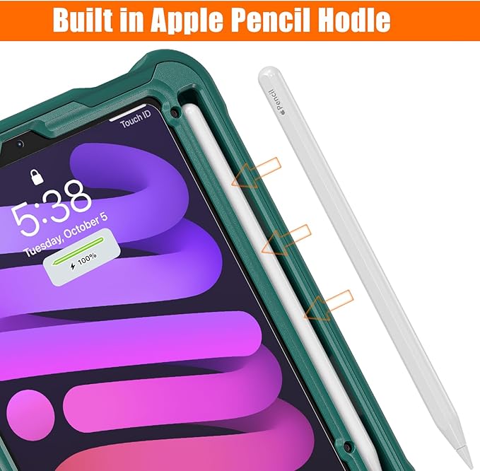 BRAECN for iPad (a17 pro) Mini 7/Mini 6 Case 2024/2021 8.3 inch with Pencil Holder Protective Clear Ring Handle 360 Rotating Stand Shockproof Dropproof Rugged Carrying Shoulder Strap Kids Friendly