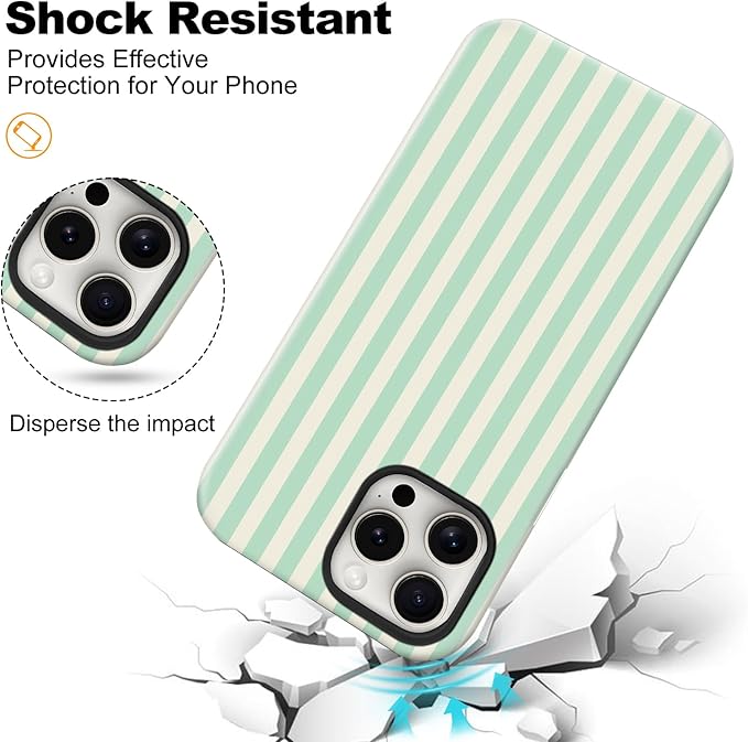 Magnetic for iPhone 13 Pro Case Cute Stripes Phone Case, Shockproof Slim TPU and Hard PC Protective Phone Cover Compatible with MagSafe Designed for Women Girls, Light Green