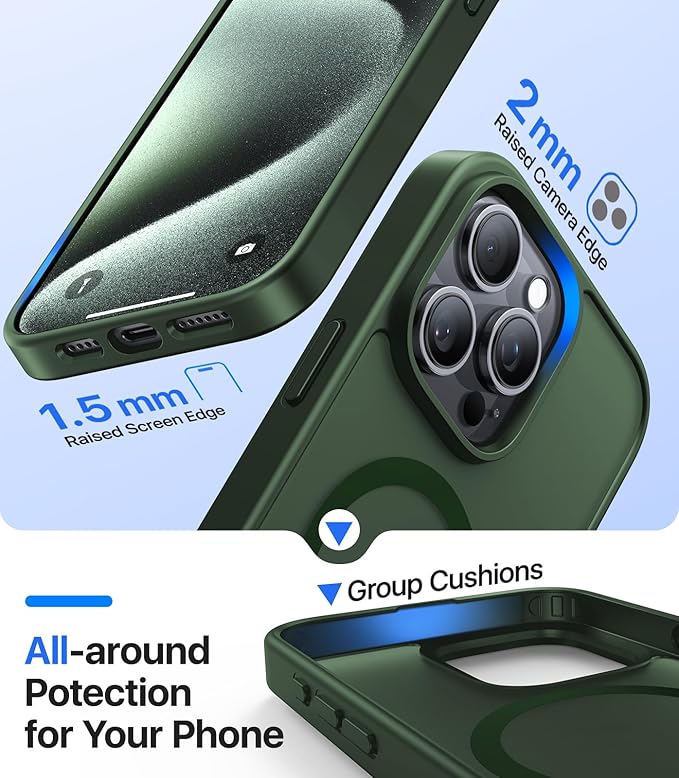 Magnetic for iPhone 15 Pro Max Case, [Compatible with MagSafe][Military-Grade Drop Protection][Anti-Yellowing] Shockproof Translucent Matte Cover for iPhone 15 Pro Max Phone Case,Forest Green