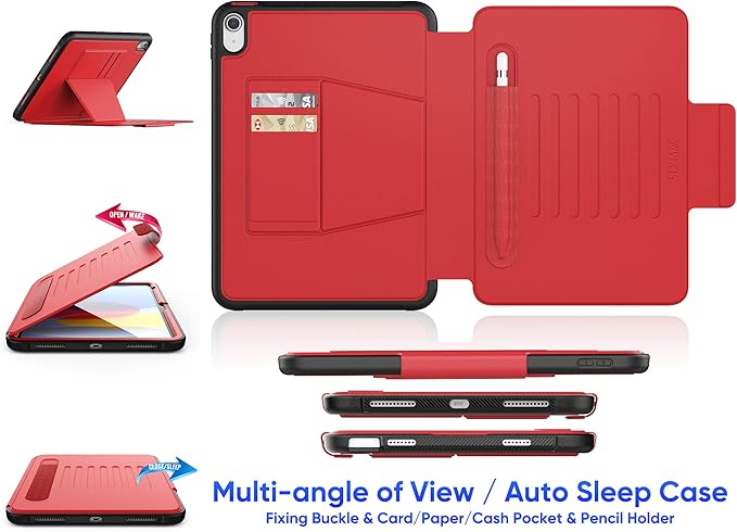 SEYMAC stock Case for iPad (A16) 11th/10th Generation 11''/10.9'', Strong Magnetic Auto Sleep Shockproof Case with Absorbing Multi-Angles Stand, Pen Holder, Card Slot (Red)