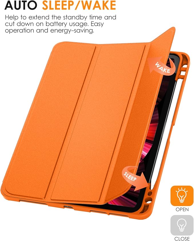 DTTO for iPad Pro 11 inch 4th/3rd/2nd/1st Generation 2022/2021/2020/2018 Case, Smart Slim Trifold Stand Soft TPU Back Cover with Built-in Pencil Holder, Also Fit iPad Air 5/4,Orange