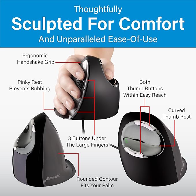Evoluent – Inventor of The Vertical Mouse – VMDL Ergonomic Vertical Mouse Right Hand Large Wired USB, Sculpted for Comfort, Reduces Wrist Strain, 4 Speeds, 6 Customizable Buttons in Windows