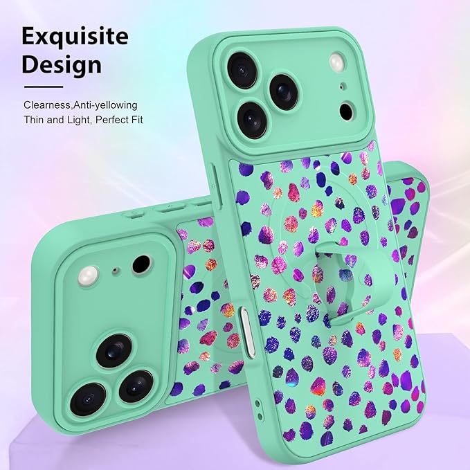 KANGHAR Compatible with iPhone 17 Pro Max Case, Support for MagSafe, Silicone Cute Iridescent Pattern Leopard Print Cheetah, Wristband Kickstand Shockproof Soft Slim Cover for Girls Women, Green