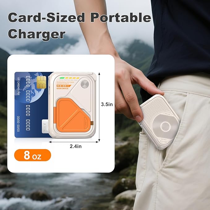 SEANCHEER P05 Portable Charger, Magnetic Power Bank, Small Wireless PowerBank, Battery Pack10000mAh Travel Essentials Fast Charging with Built in Cable, Foldable Wall Plug for iPhone,Samsung,Andriod