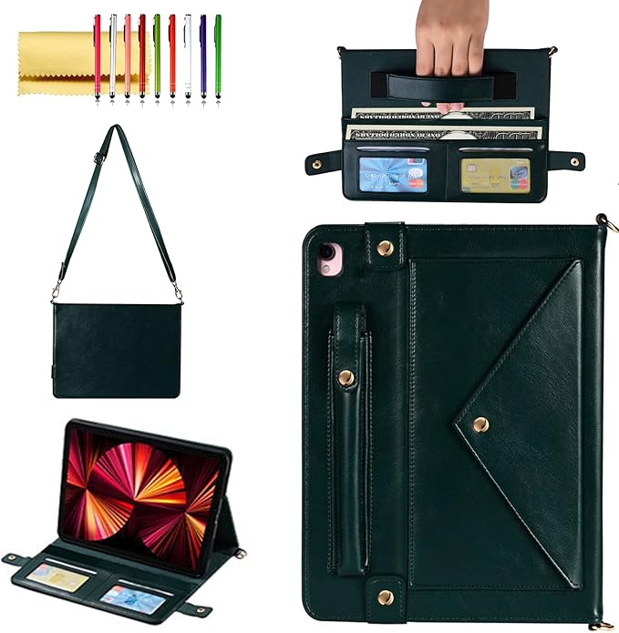 Handbag Case for iPad 10.2"/iPad Pro 10.5/iPad Air3, Techcircle Folio Stand PU Leather Cover w/Hand Strap, Crossbody iPad Case with Pencil Holder Card Slots Envelope Pocket Wallet Case, Midnight Green