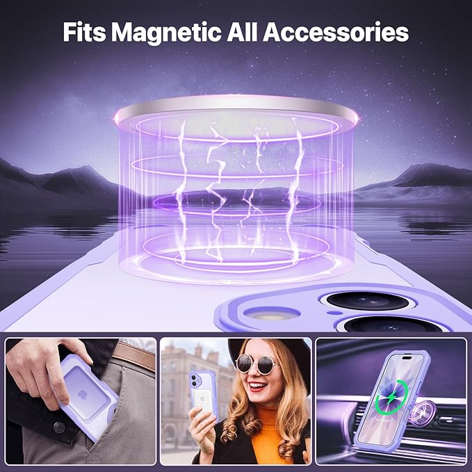 CENHUFO Magnetic Privacy for iPhone 17 Case [Compatible with Magsafe] Full Body Phone Case Built-in 9H Tempered Glass Screen Protector Camera Protection Shockproof Bumper Cover -Light Purple