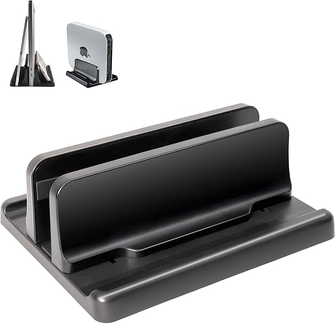 Vertical Laptop Stand [New Version: Two More Rubber Pads & Hex Key Storable Design] ABS Plastic Adjustable Dock up to 15 inch PC Desk Space Saver for MacBook/Surface/iPad/Mini PC (Black)