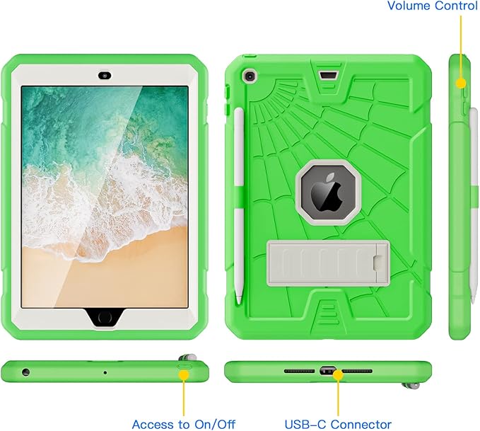 SIBEITU iPad 9.7 Case with Pencil Holder 2018/2017 | iPad 6th Generation Cases with Stand | iPad 5th Generation Case for Kids | Slim Shockproof Protective Case for iPad 9.7 inch 5th/6th Gen Green