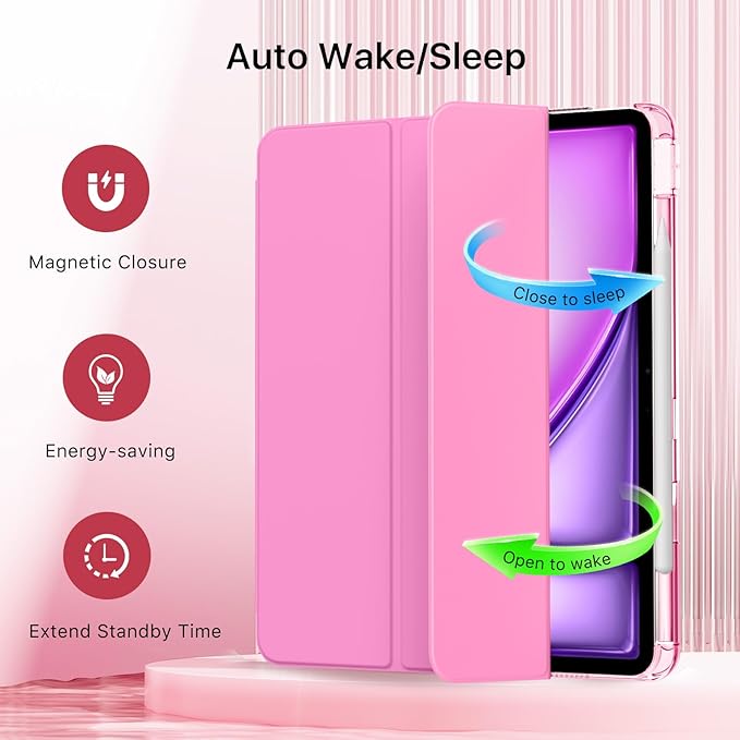 MoKo for iPad Air 11 inch Case (M4/M3/M2) 2026/2025/2024, iPad Air 5th/4th Gen 10.9 inch Case 2022/2020 with Pencil Holder, Slim Trifold Cover with Hard PC Translucent Back Shell, Peony