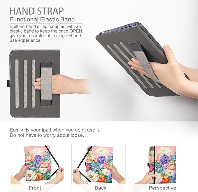 Case for iPad Air 13-inch M4/M3/M2, iPad Pro 12.9 6th/5th/4th/3rd Generation Case with Pencil Holder Multi-Angle Adjustable Stand Shockproof with Pocket/Hand Strap/Auto Wake Sleep Peony Floral