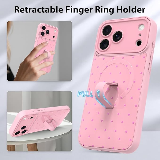 KANGHAR Compatible with iPhone 17 Pro Case, Support for MagSafe, Silicone Spot Cute Pattern, Wristband Kickstand Camera Protection Shockproof Soft Slim Cover for Girls Women, Pink