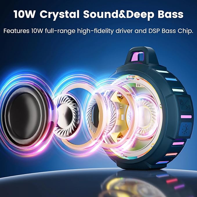 XLEADER X8, Upgraded, Portable Bluetooth Speaker, Certified IP67 Waterproof Shower Speaker, Silicone Case, 10W Bass, 24Hrs Playtime, Small, Floating, RGB Lights, Clip, for Pool Beach Kayak, Sea Blue