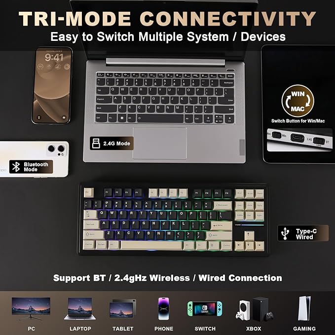 YUNZII YZ87 Gasket Mechanical Keyboard,TKL Wireless Hot Swappable with 5-Layer Padding, BT5.0/2.4G/USB-C NKRO RGB Backlit for Win/Mac (Black, Milk Switch)