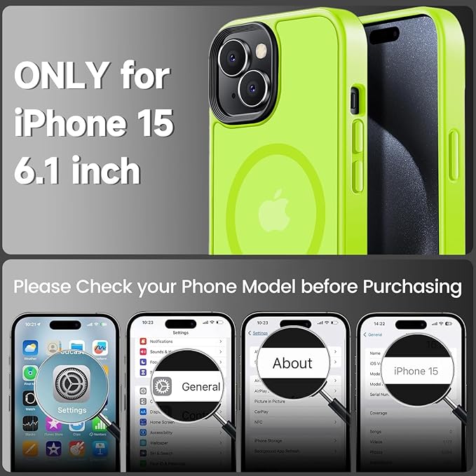 Tigowos for iPhone 15 case,Compatible with MagSafe, Matte Skin-Feeling Shockproof case for iPhone 15 Cases 6.1"，Fluorescent Green