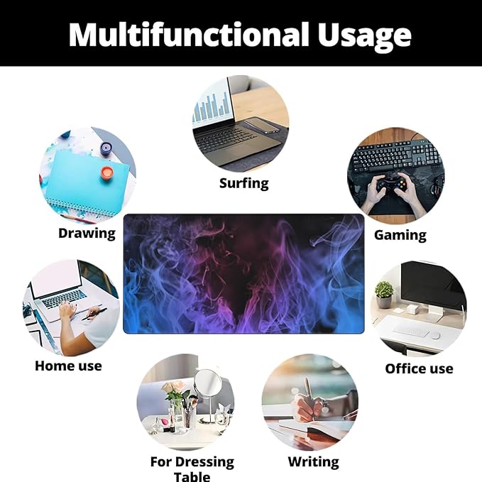 Huge 48x24 inch Mouse Pad - Extra Large Gaming Smoke Mouse Pads with Stitched Edges for Desk, Non-Slip Rubber Base 3XL Mousepad Waterproof Keyboard Pad Desk Pad for Gamer, Office, Home (Blue)