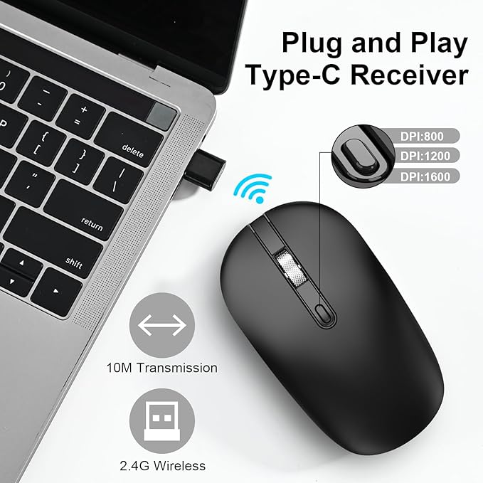 cimetech Type C Wireless Mouse, USB C Mouse 2.4G Silent Cordless Portable Computer Mice for Laptop, Notebook, MacBook Pro Air, Windows, Linux - Ambidextrous Black