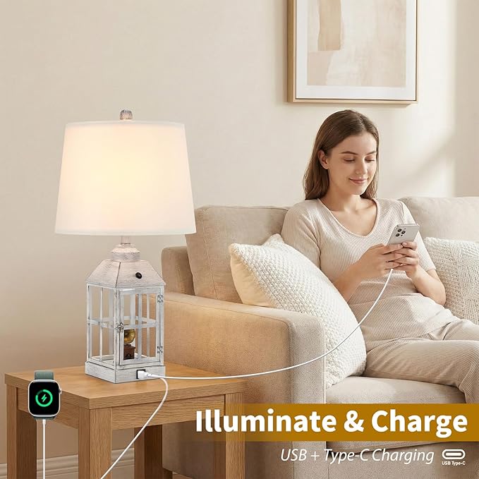 25" Farmhouse Table Lamp for Living Room, Table Lamps Set of 2 with USB Port and Nightlight, Rustic Table Lamp for Bedroom, Bedside Lamp for Nightstand, End Table, Home, LED Bulbs Included (White)