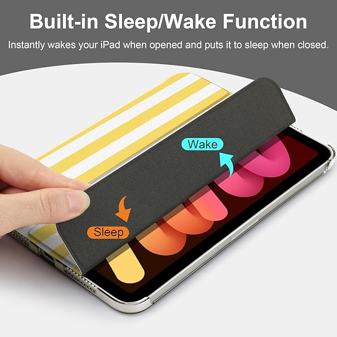DONGKE for iPad mini 7 (A17 Pro) 2024 & iPad mini 6 2021 8.3 Inch, Slim Foldable Stand Hard PC Translucent Back Shell Smart Cover for iPad mini 7th/6th Generation [Auto Wake/Sleep] - Yellow Stripes