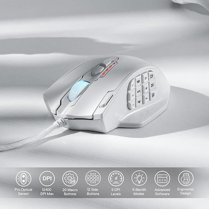 Redragon M908 Impact RGB LED MMO Gaming Mouse with 12 Side Buttons, Optical Wired Ergonomic Mouse with Max 12,400DPI, High Precision, 18 Programmable Macro Shortcuts, Comfort Grip, White