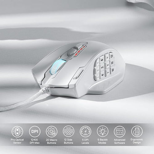 Redragon M908 Impact RGB LED MMO Gaming Mouse with 12 Side Buttons, Optical Wired Ergonomic Mouse with Max 12,400DPI, High Precision, 18 Programmable Macro Shortcuts, Comfort Grip, White