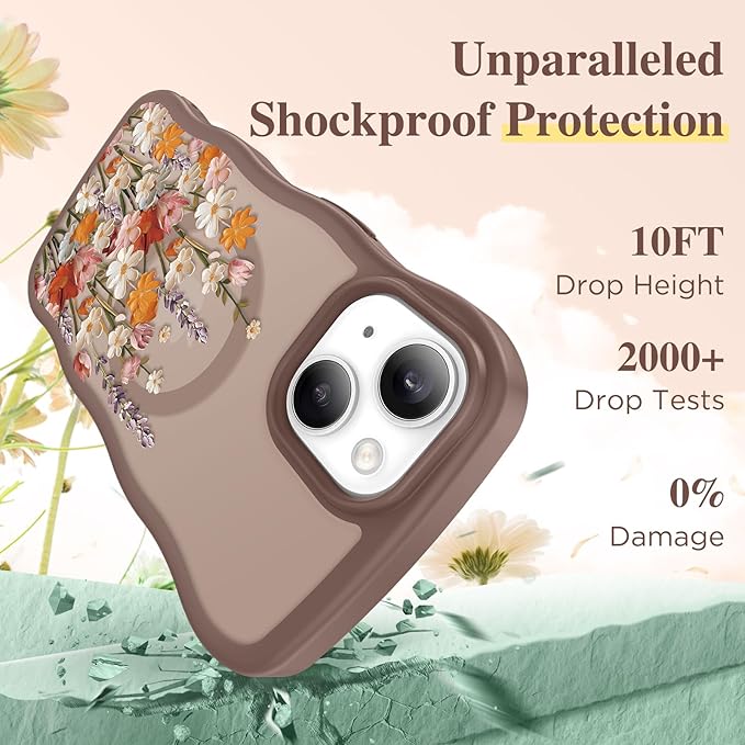 GVIEWIN Cute for iPhone 14 Case & iPhone 13 Case [Compatible with MagSafe] [Curly Wave Edge] Floral Translucent Magnetic Shockproof Protective Phone Cover for iPhone 14/13 6.1'', Primrose/Brown