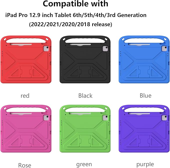 Kids Case for iPad Pro 12.9 inch Cover 6th/5th/4th/3rd Gen (2022/2021/2020/2018) with Kickstand/Handle/Stylus Pencil Holder Soft EVA Heavy Duty Shockproof Stand Girl Boy Cover, Black