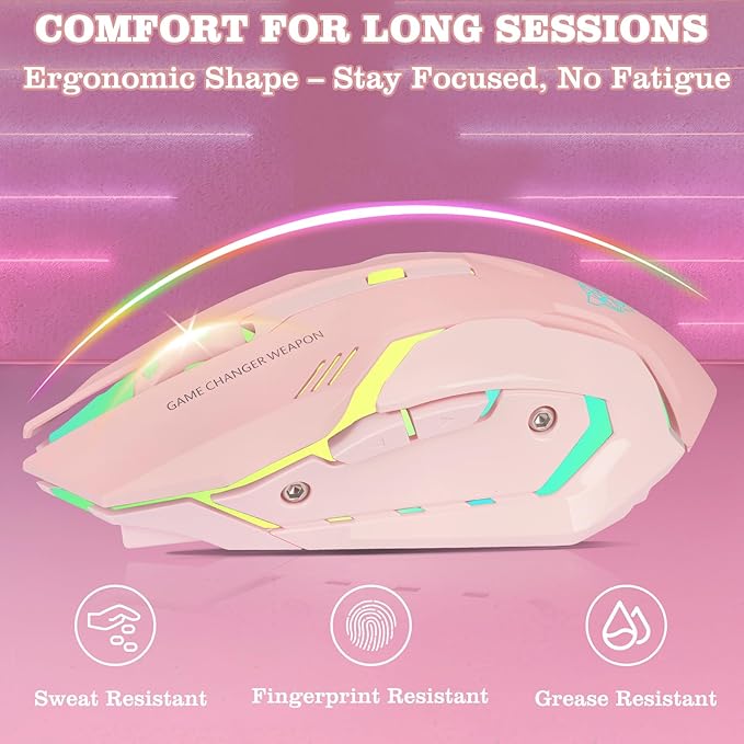 Wireless Gaming Mouse, Rechargeable Wireless Computer Mouse with Type-C Fast Charging, Ergonomic Mouse with 3 Adjustable DPI, 6 Silent Buttons, LED Light, Long Battery Life for Laptop, PC, Mac (Pink)