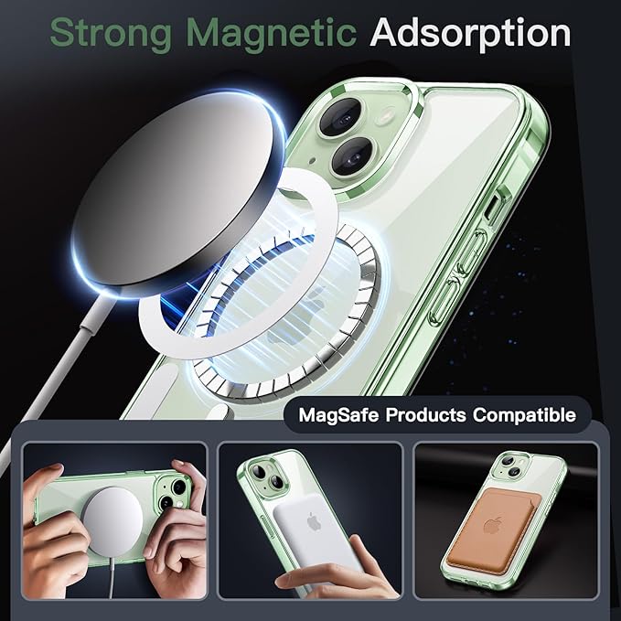 JETech Magnetic Case for iPhone 15 6.1-Inch Compatible with MagSafe Wireless Charging, Shockproof Phone Bumper Cover, Anti-Scratch Clear Back (Green)