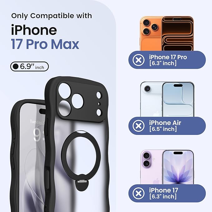 CAPRARO for iPhone 17 Pro Max Case with 360° Spin Magnetic Stand for Women, [Compatible with MagSafe] [Full Camera Protection] Cute Wave Translucent Matte Case for iPhone 17 Pro Max, Black