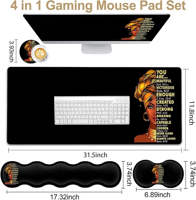 Large Mouse Pad with Wrist Support Ergonomic Memory Foam Keyboard Wrist Support & Non-Slip Mouse Wrist Rest,Extended Gaming Mouse Pads,for Laptop Office Desk Mat African Art Black Queen Anime Pattern