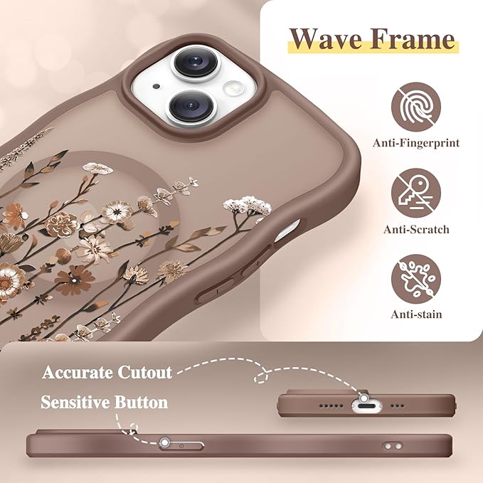 GVIEWIN Cute for iPhone 14 Case & iPhone 13 Case [Compatible with MagSafe] [Curly Wave Edge] Floral Translucent Magnetic Shockproof Protective Phone Cover for iPhone 14/13 6.1'', Floratopia/Brown