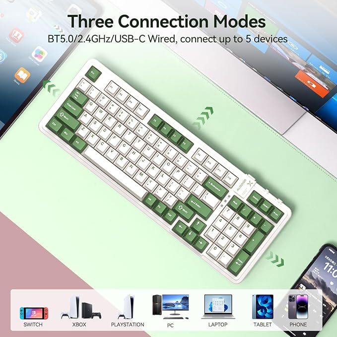 AUSDOM 98Pro Silent Mechanical Keyboard, Wireless Hot Swappable Gaming Keyboard with Backlit,Gasket Structure,Pre-lubed Tactile Switches,2.4GHz/Type-C/Bluetooth Custom Keyboards (Green & White-Silent)