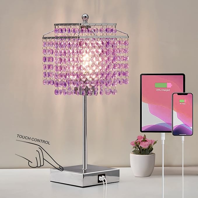 Luvkczc Crystal Table Lamp, Touch Lamp with USB C+A Ports, Dimmable Lamp with Crystal Shade, Purple Nightstand Lamp for Girl Bedroom, Living Room, Bulb Included