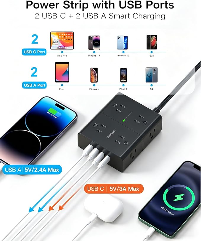One Beat Surge Protector Power Strip, 6 Ft Ultra Thin Flat Extension Cord with 8 Outlets 4 USB Ports(2 USB C), Flat Plug Power Strip, White Power Strip for Home, Office, Dorm Room Essentials, Black