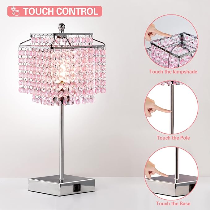 Luvkczc Crystal Touch Table Lamp, Bedside Lamp with USB C+A Ports, Pink Lamp, Dimmable Lamp with Crystal Shade, Nightstand Lamp for Girl Bedroom, Living Room, Bulb Included