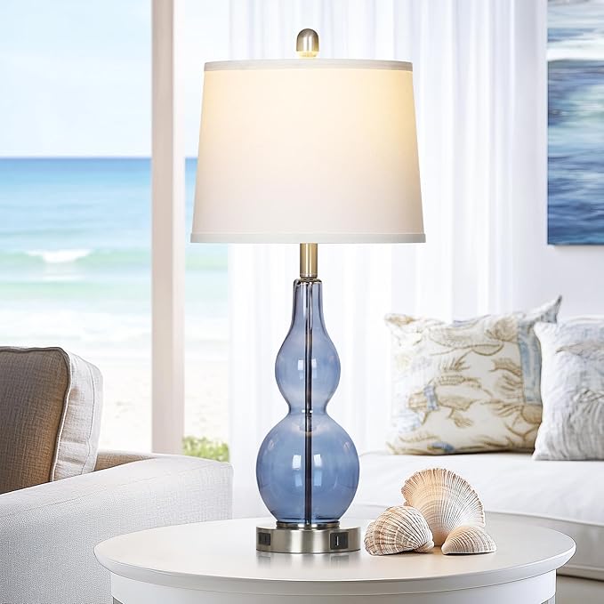 Rinweey 27.5" Coastal Blue Glass Double Gourd Table Lamp Set of 2,3-Way Dimmable Touch Control Bedside Lamps with USB Ports and AC Outlet, Nautical Nightstand Lamps for Bedroom Living Room
