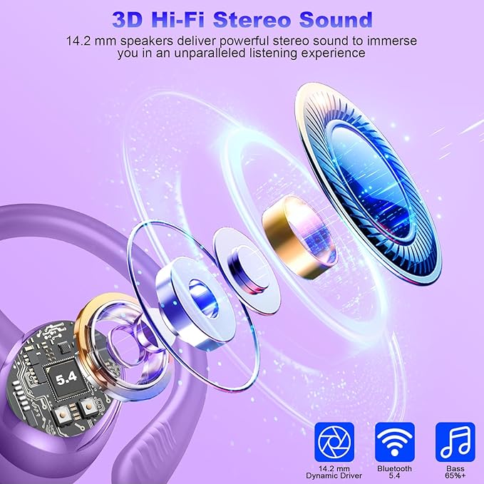 Hupoaf Wireless Earbuds Sport, 2025 Bluetooth 5.4 Headphones with Earhooks, 50H Stereo Deep Bass Over Ear Buds with 4 ENC Noise Canceling Mics, IP7 Waterproof Earphones for Running Workout Gym -Purple