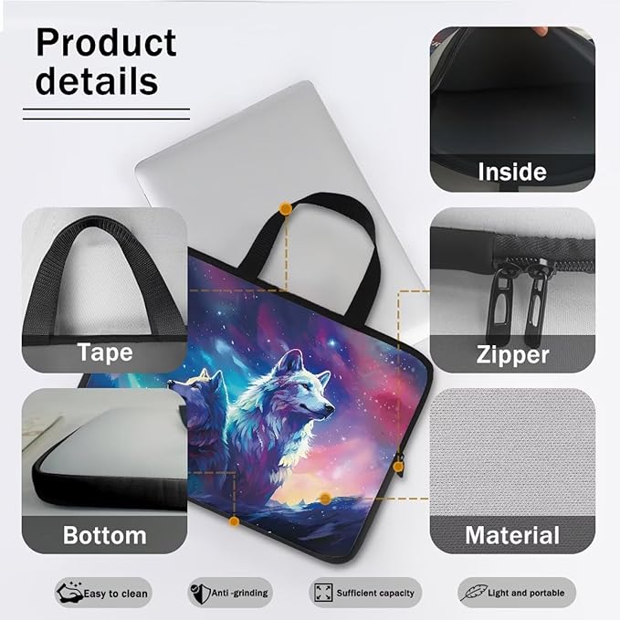Galaxy Wolves Laptop Sleeve for Women, 10 Inch Laptop Sleeve with Handle Protective Travel Carrying Case for 10-17 Inch Computer, Notebook, Chromebook, Tablet Bag
